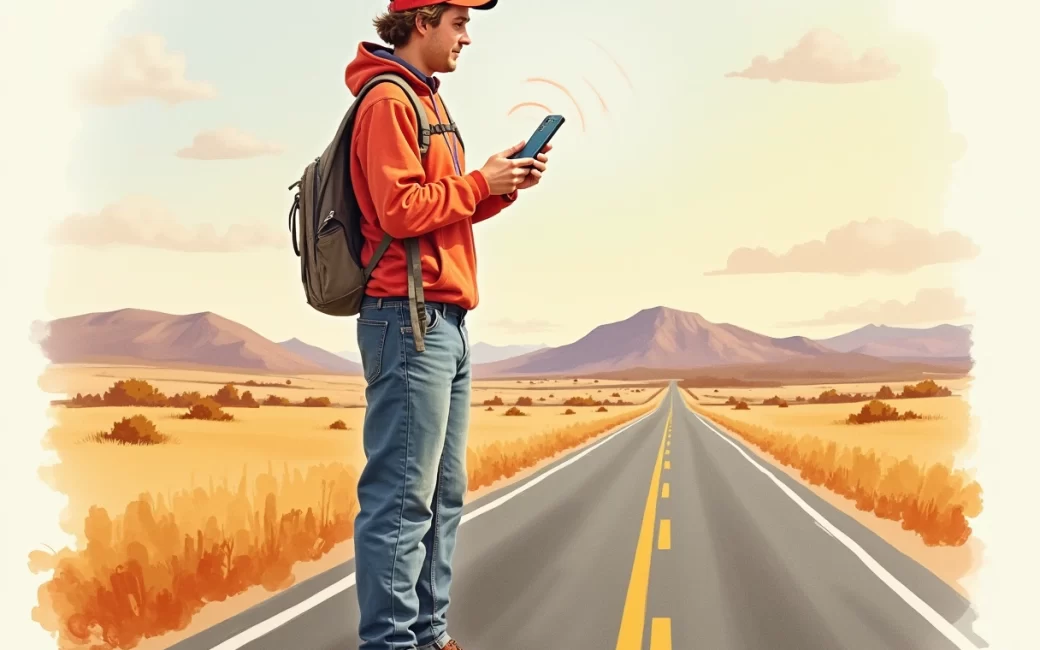 T-Mobile customer with phone showing no service in a rural area