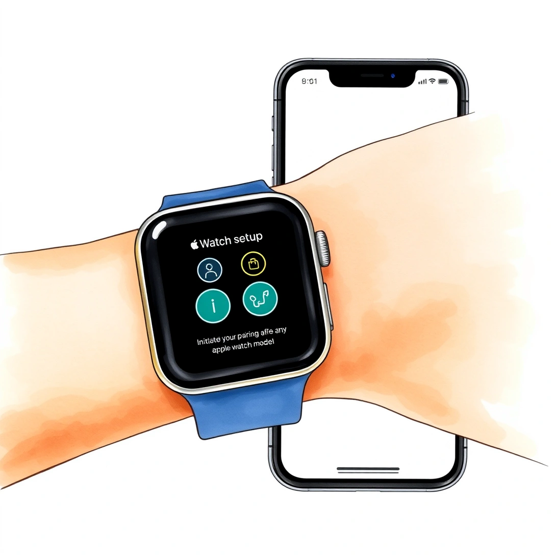 Apple Watch paired with iPhone via the Watch app, illustrating the required iPhone setup dependency.