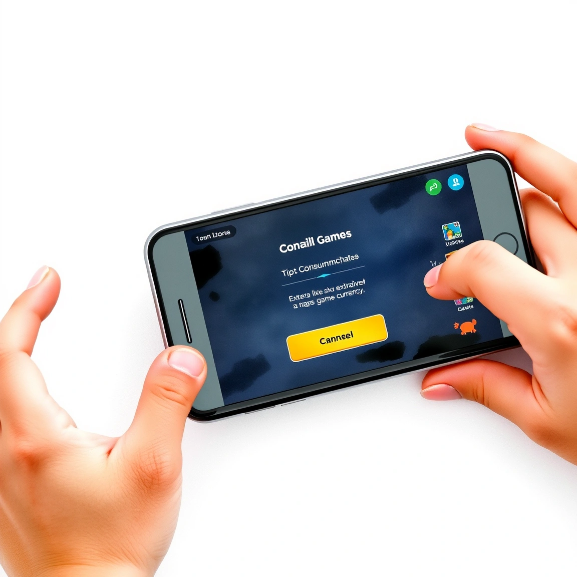 Child holding phone playing a game with purchase options visible