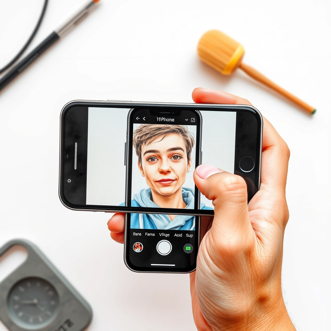 Person taking a selfie with iPhone 17 using the Center Stage front camera for a video call.