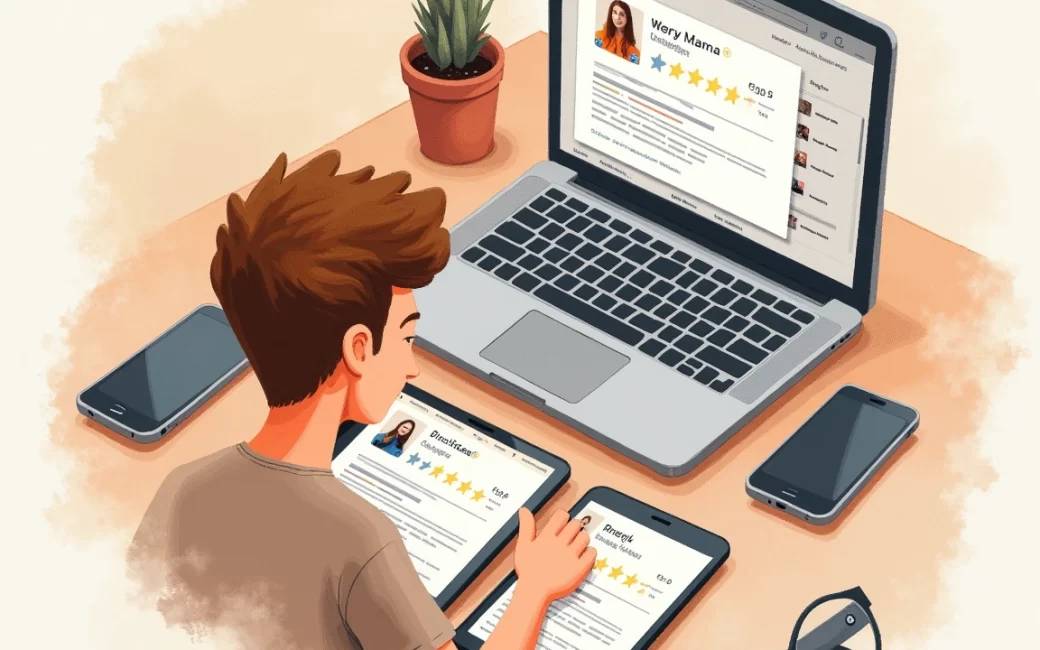 Solo developer monitoring app reviews on multiple devices at their workspace